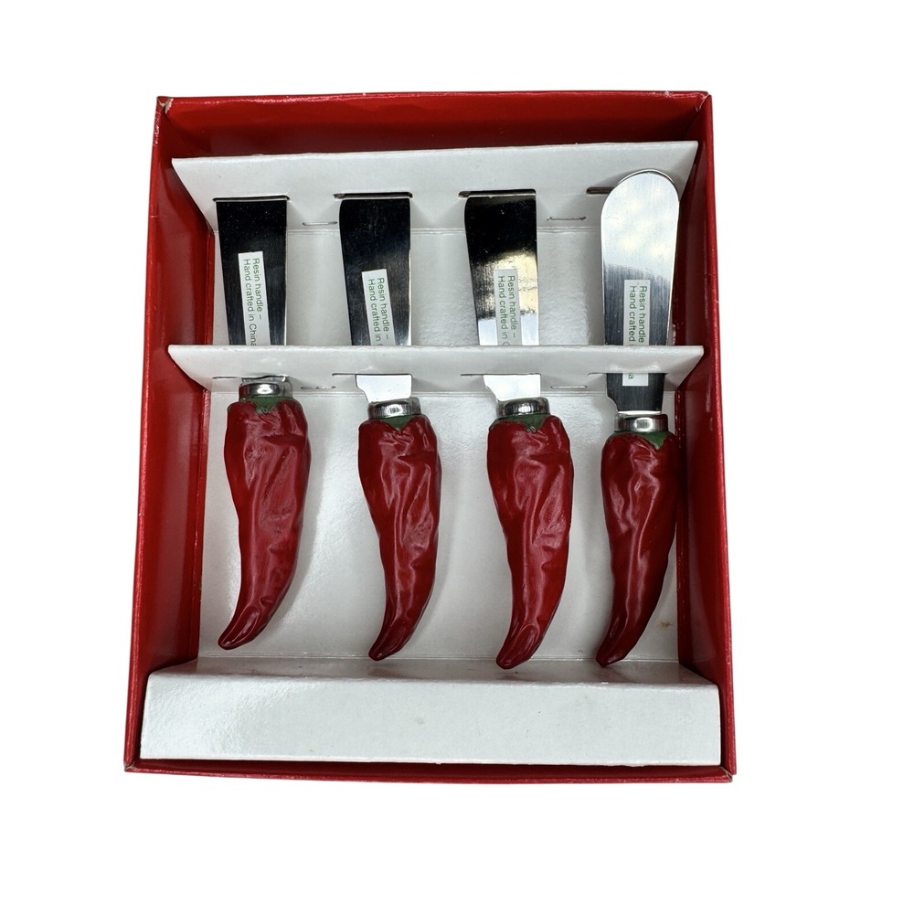 1995 Boston Warehouse Set of 4 Stainless Steel & Resin CHILI PEPPER Spreaders